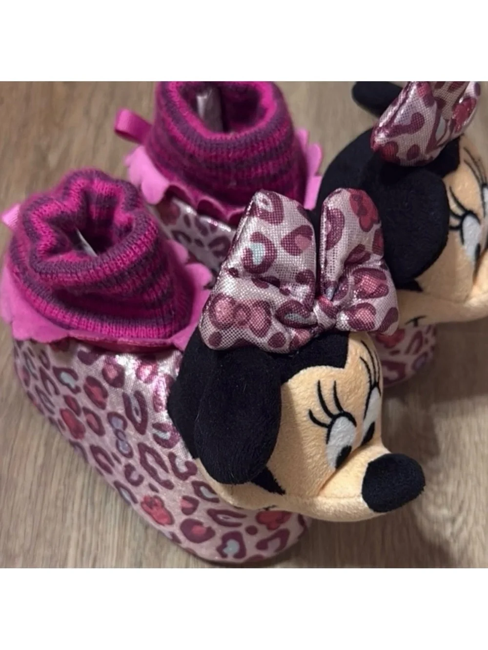 Disney Baby Minnie Mouse Pink Leopard Plush Crib Shoes Baby Toddler Size 5-6